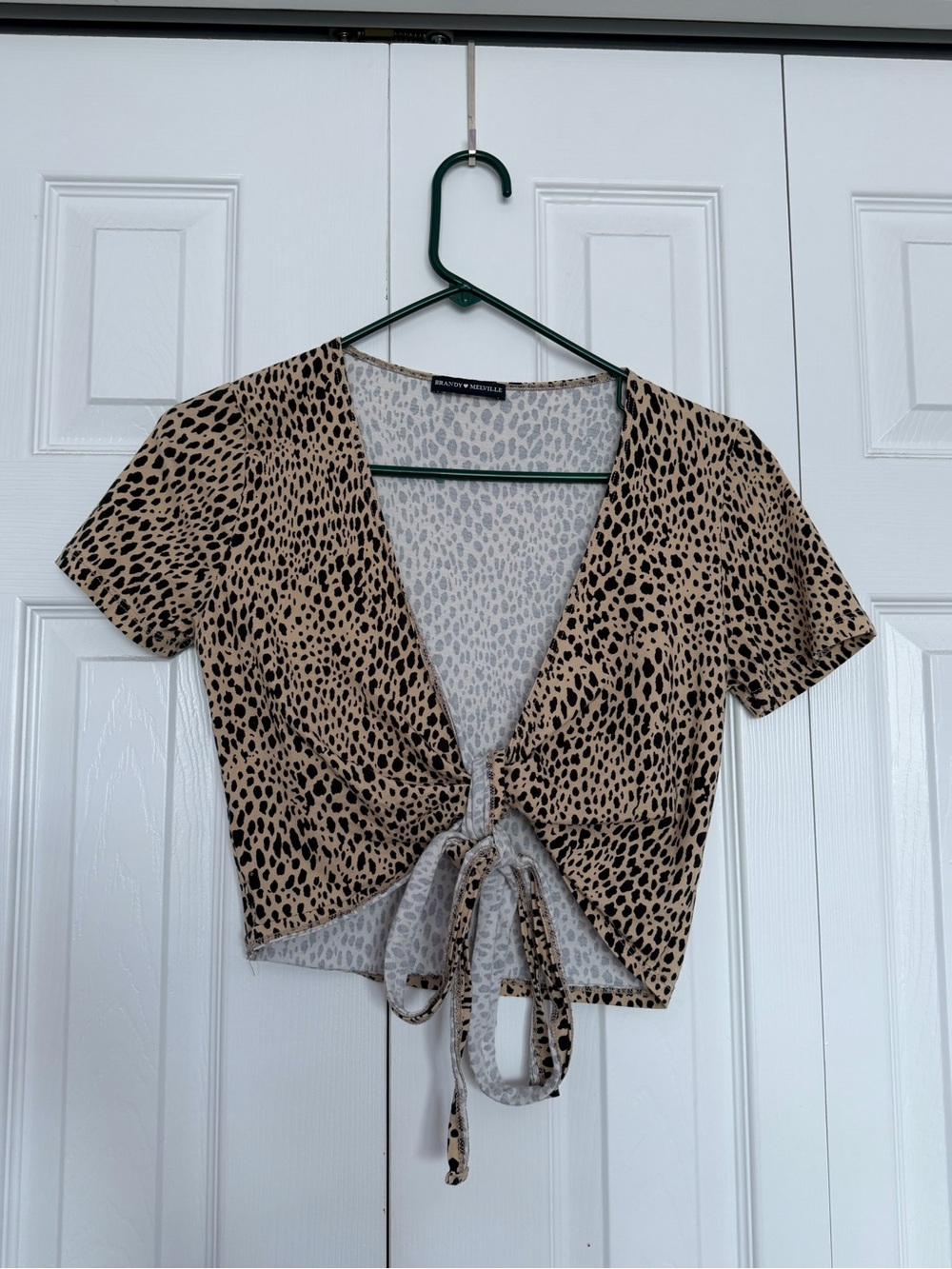 Brandy Melville Beige and Black Leopard Tie-Front Crop Top